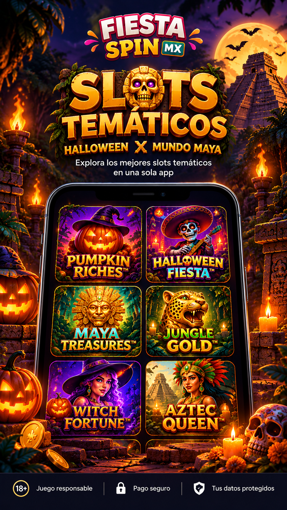 Fiesta Spin MX. Slots temáticos: Halloween y Mundo Maya. Explora los mejores slots temáticos en una sola app. Solo mayores de 18 años. Juego responsable.